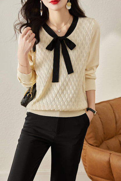 Tie Knit Shirt Lantern Sleeves Pullover Tops