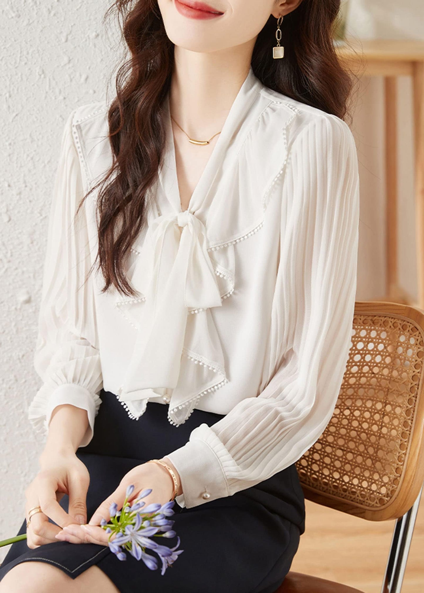 Ruffle Shirt Tie Neck Loose Blouse