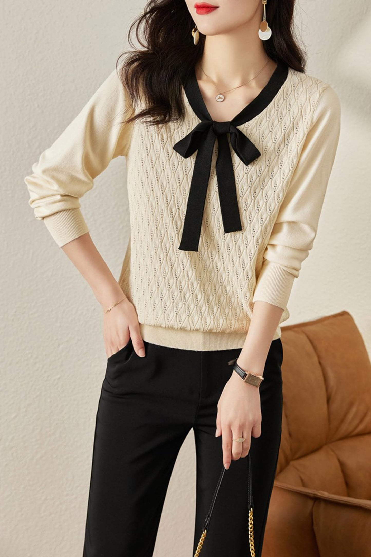 Tie Knit Shirt Lantern Sleeves Pullover Tops