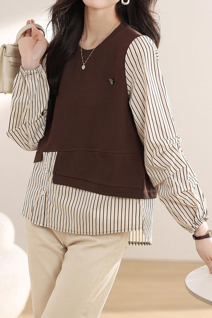 Patchwork Knit Round Neck Pullover Tops