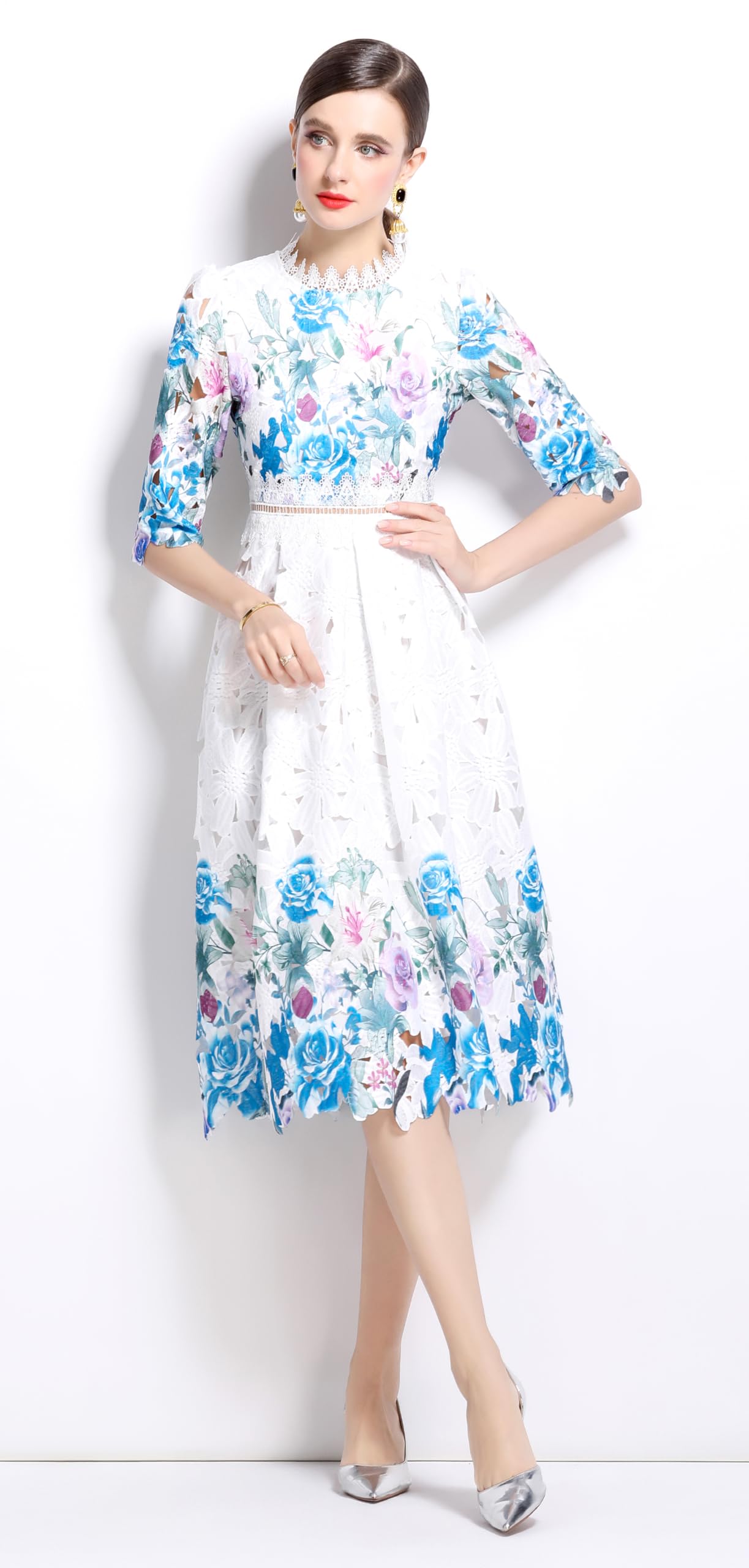 Womens Flowy Lace Party Midi Dress