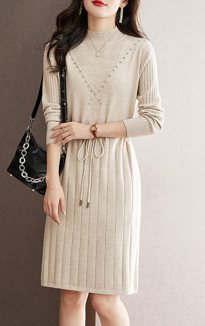 Knit Solid Pullover Mini Dress with Drawstring