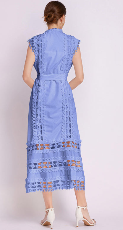 BK-Hollow Lace Button Midi Dress