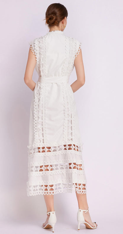 BK-Hollow Lace Button Midi Dress