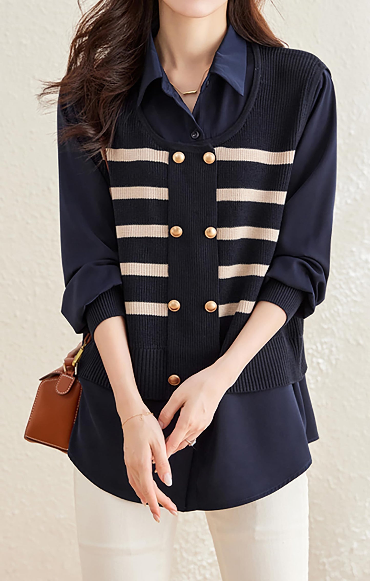 Knit Patchwork Stripe Button Pullover Top