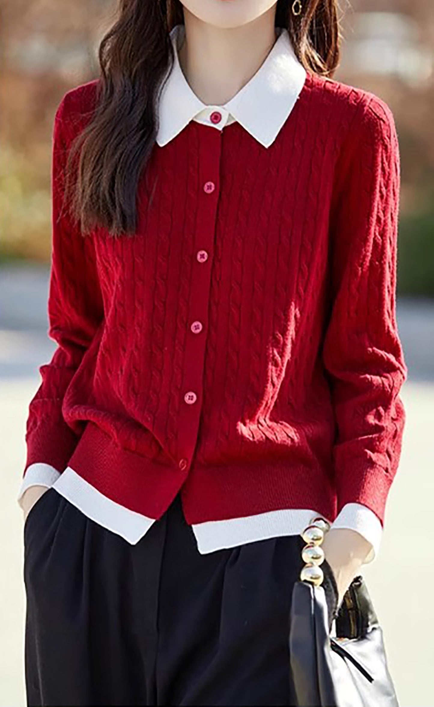 Knit Button Patchwork Pullover Fall Outfits