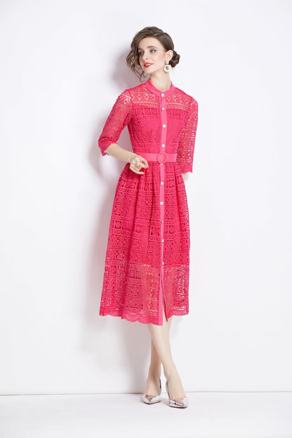 Floral Lace Midi Dress with Belt