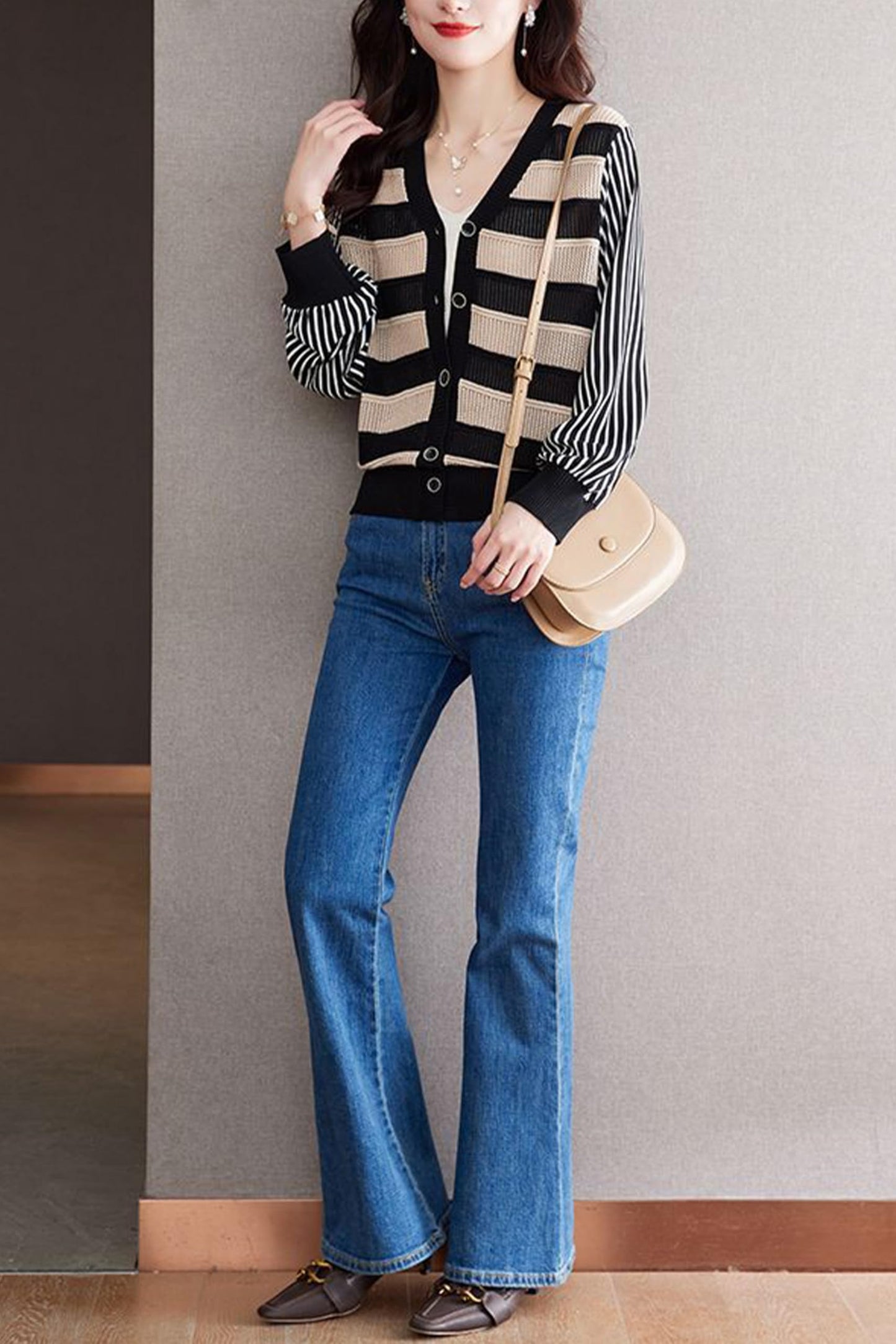 BK-Striped Cardigan Button Fashion Casual Tops