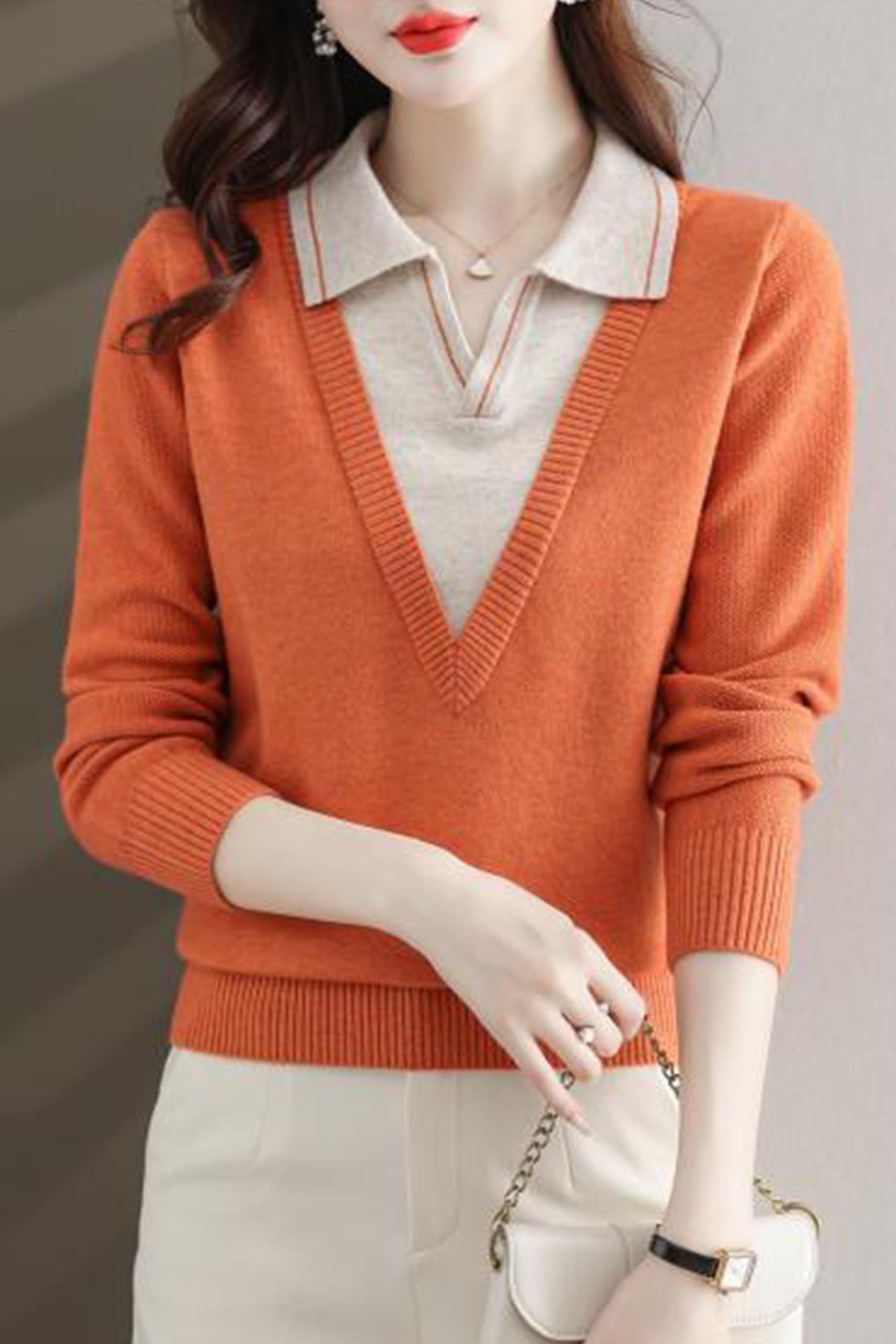 Collar Shirt V-Neck Patchwork Blouse Top - LAI MENG FIVE CATS