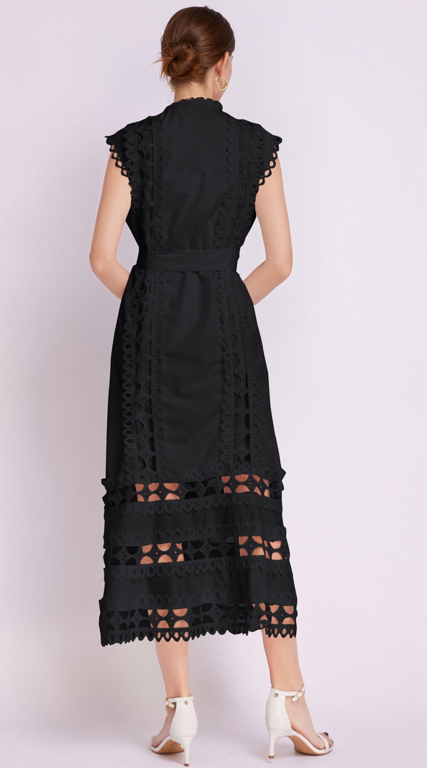 BK-Hollow Lace Button Midi Dress