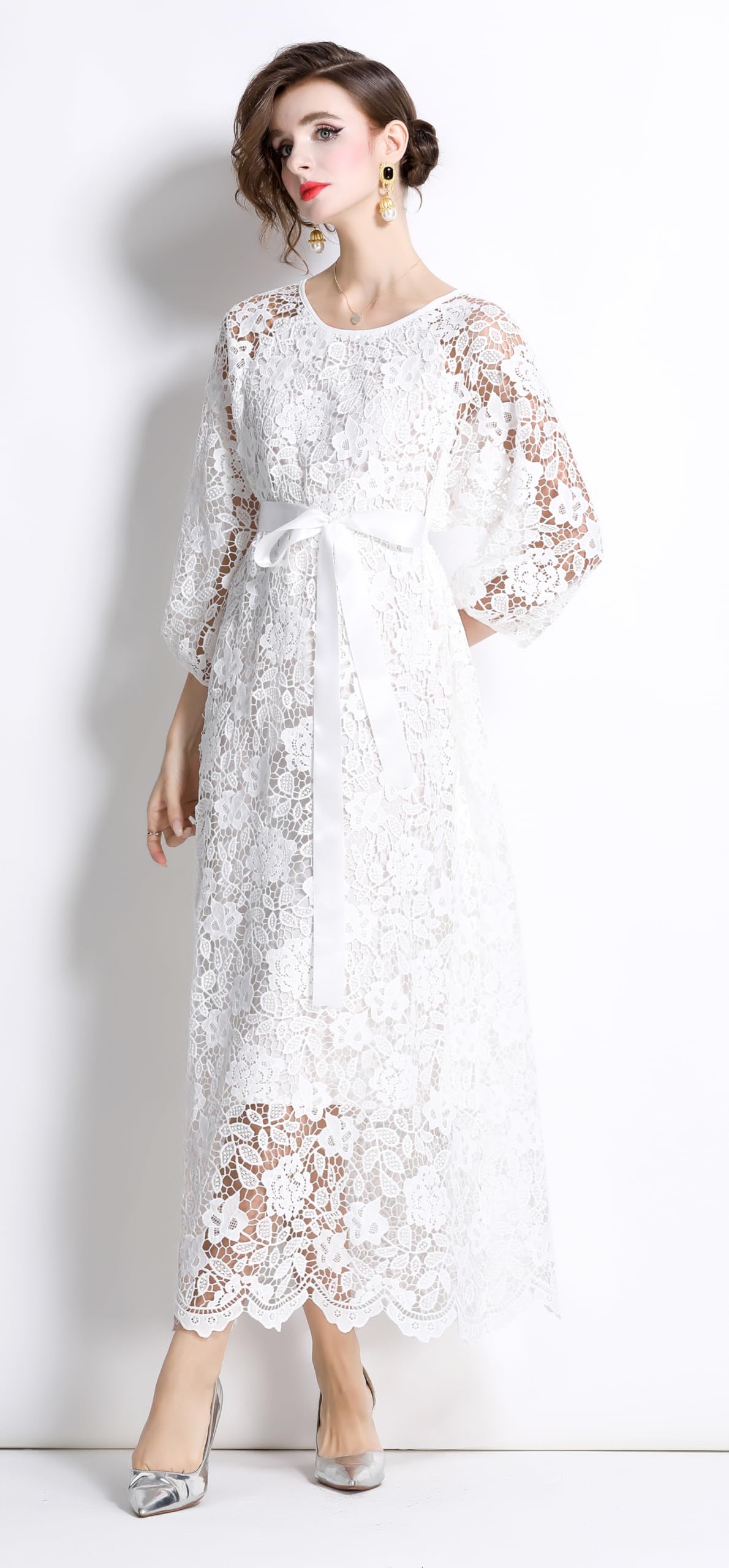 Womens Lace Puff Sleeves Elegant Maxi Dress