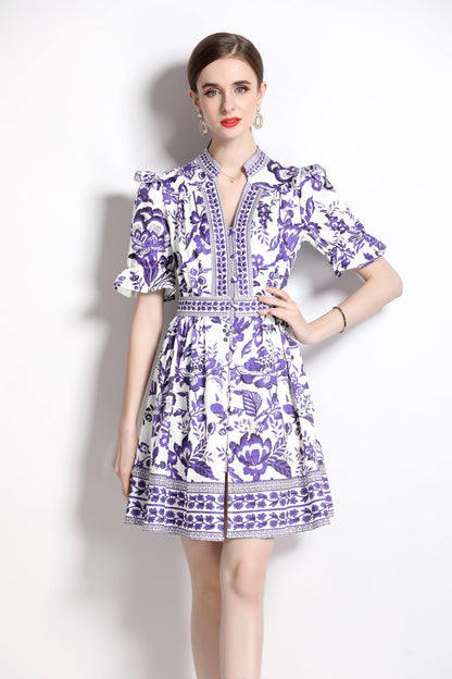 BK-Short Puff Sleeve Floral  Mini Dress