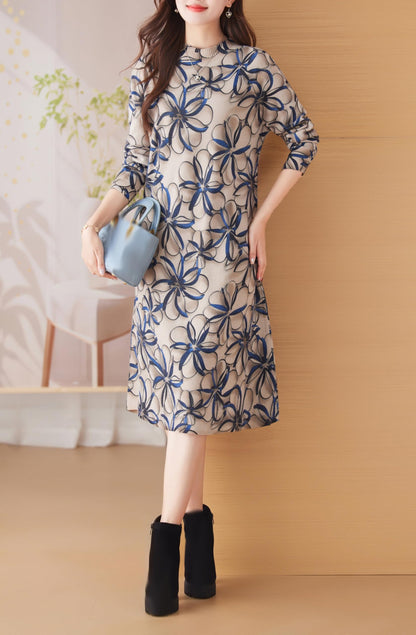 Knit Stretch Pattern Pullover Midi Dress