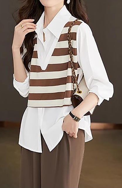 Striped 2 in 1 Knitted Vest Vintage Blouse