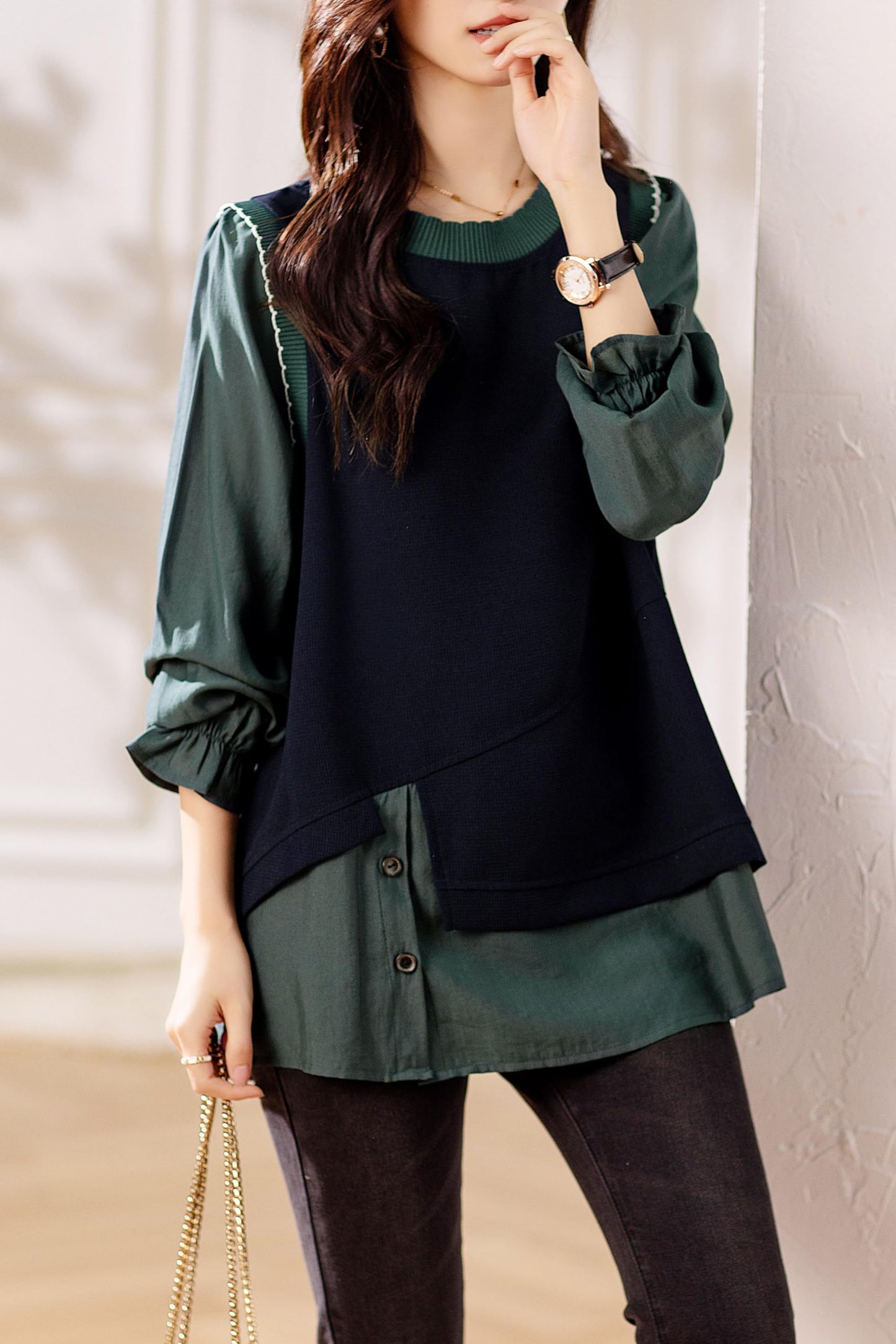 Casual Patchwork Pullover Loose Blouse Tops