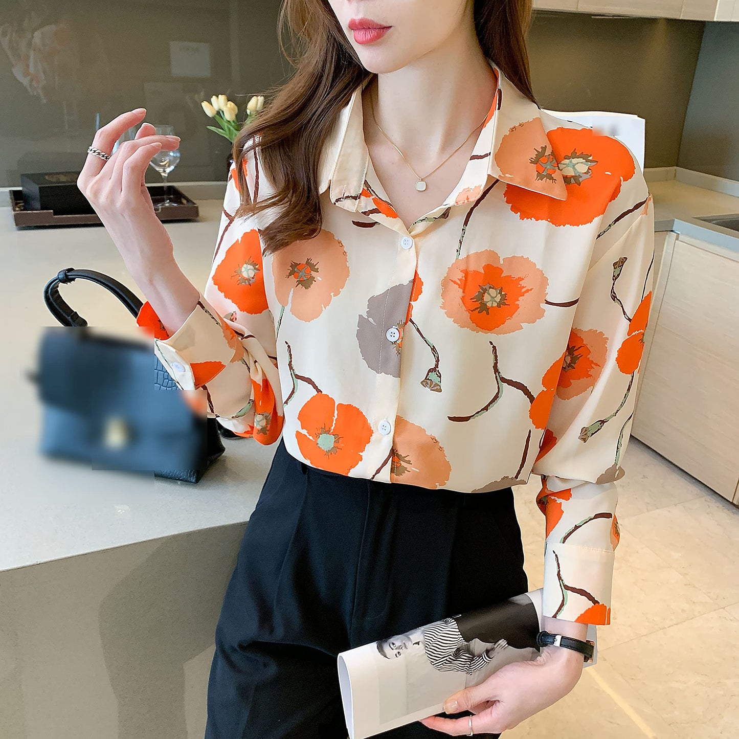 BK-Elegant Collared Floral Print Button Blouse Tops