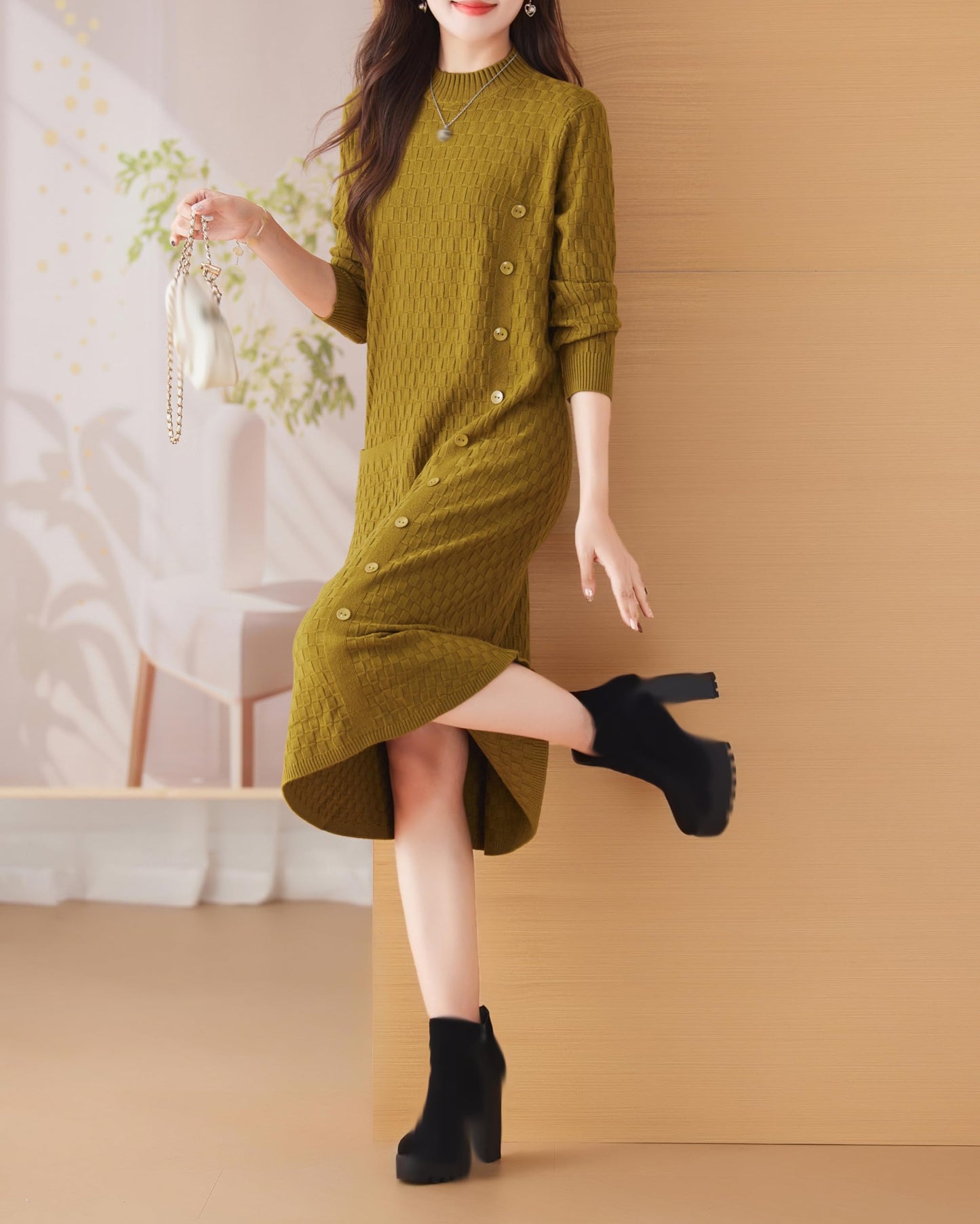 Knit Stretch Solid Button Midi Dress with Pockets