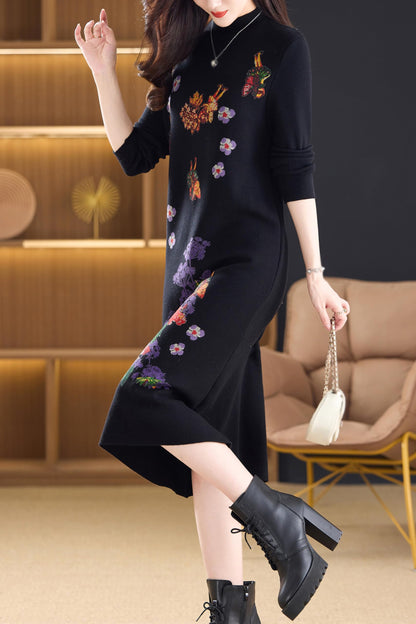 Fall Knitted Stretch Pullover Sweater Elegant Midi Dress