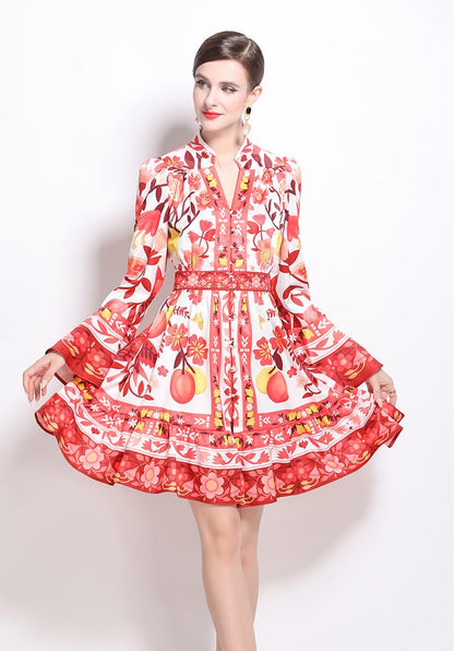 Floral Print Bell Sleeve Button Mini Dress