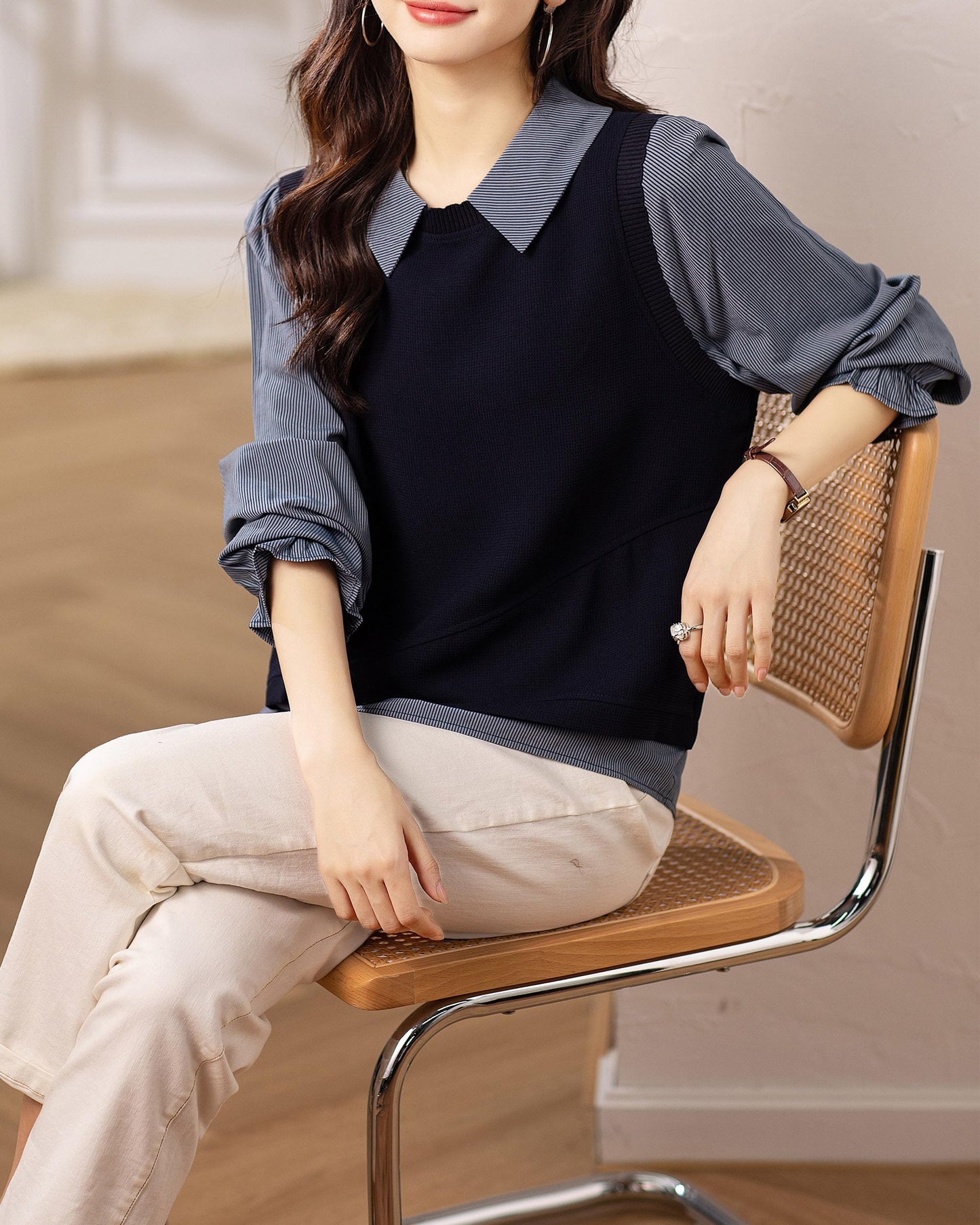 Long Sleeve Shirt Patchwork Blouse Top