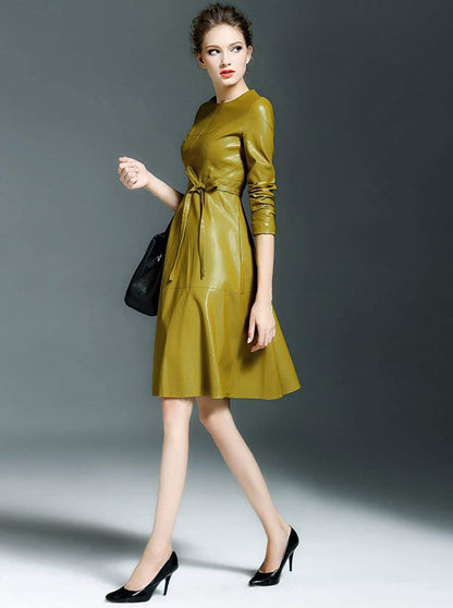 LAI MENG Women's Faux Leather Fashion Midi A-line Yellow Dress with Belted