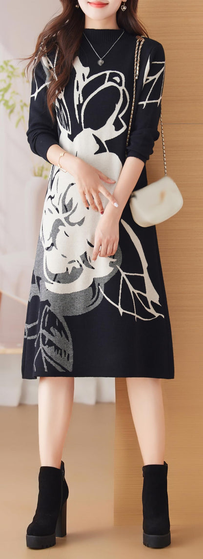 BK-Knit Floral Pullover Elegant Winter Midi Dress