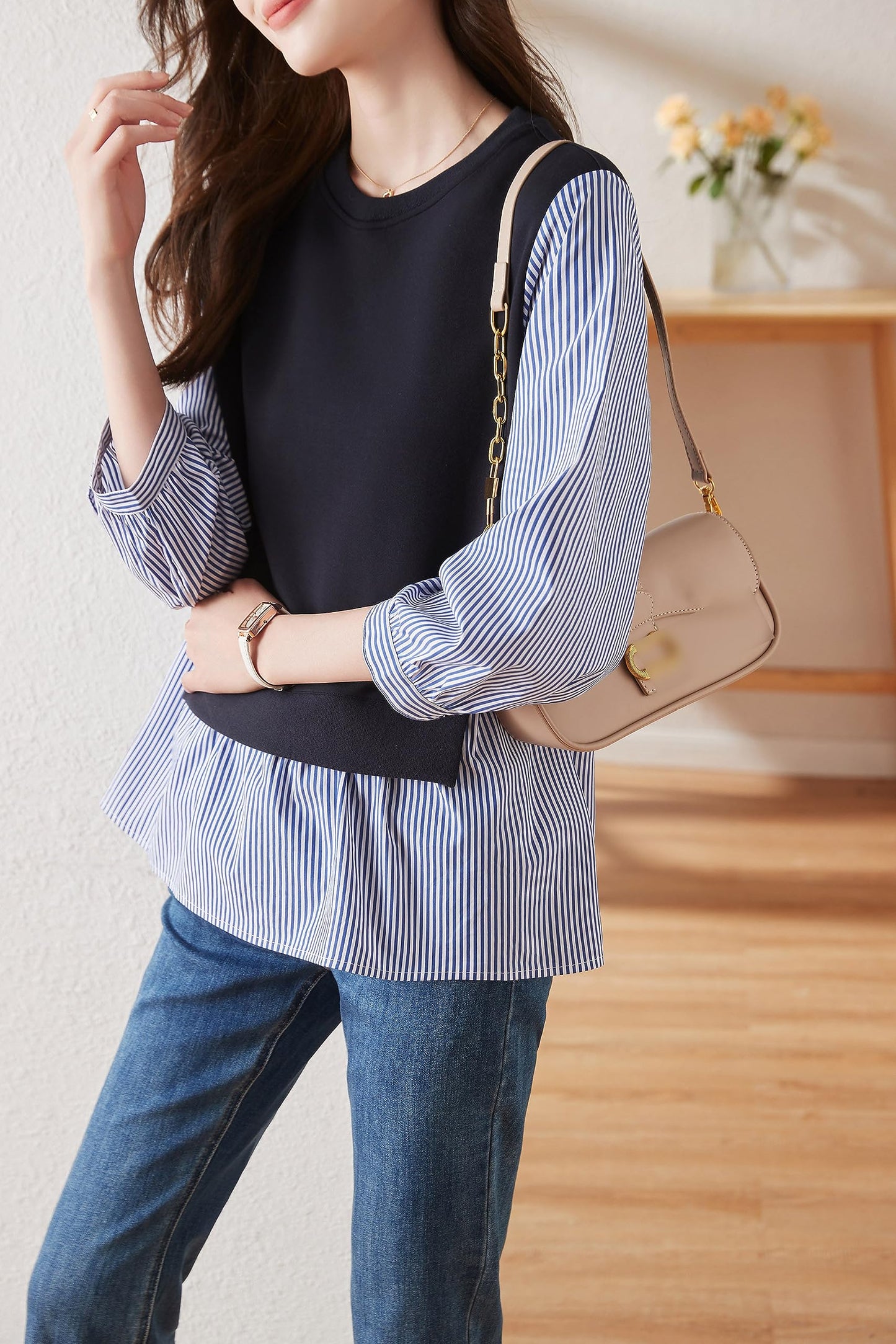 Patchwork Stripe Shirt Pullover Blouse Tops