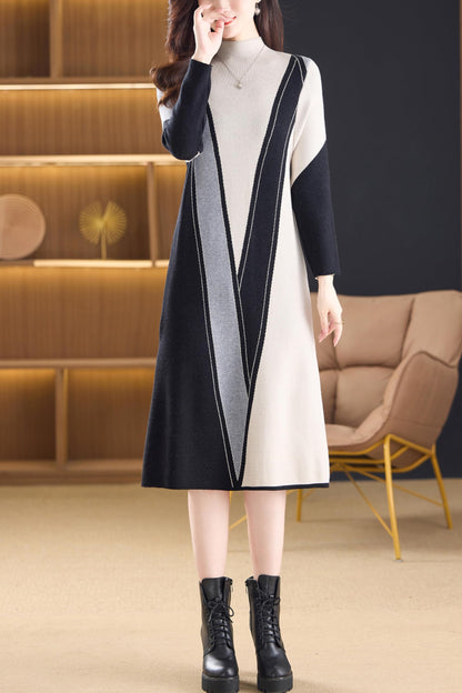 Fall Long Sleeve Knitted Stretch Pullover Midi Dress