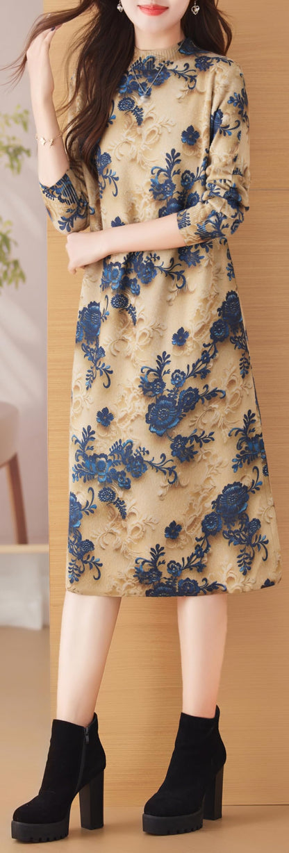 Knit Floral Pullover Elegant Winter Midi Dress