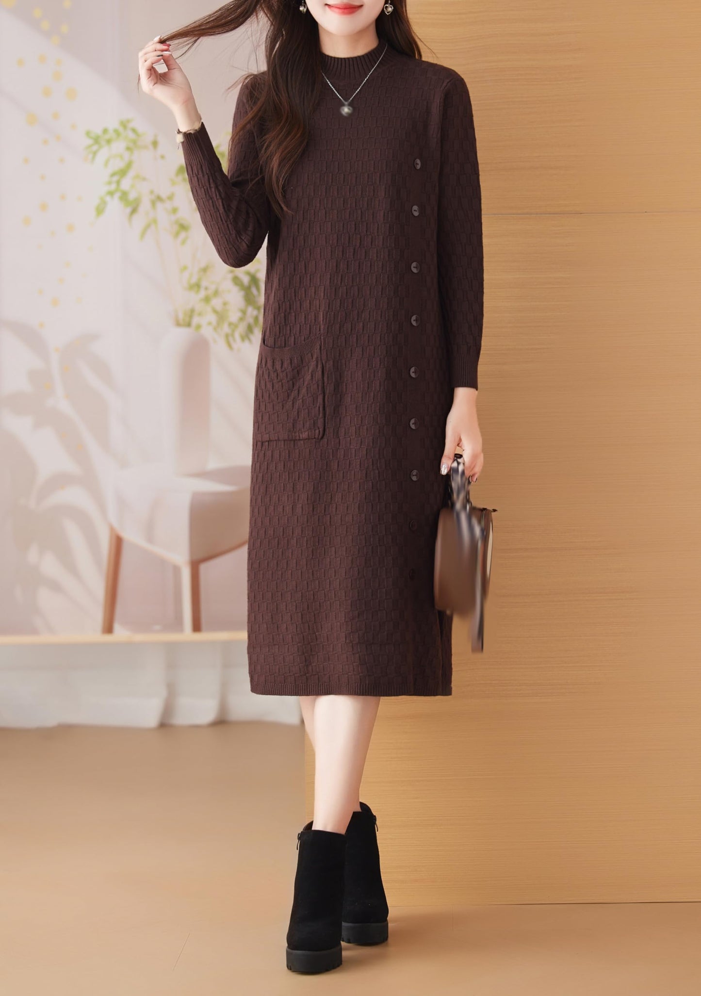 Knit Stretch Solid Button Midi Dress with Pockets