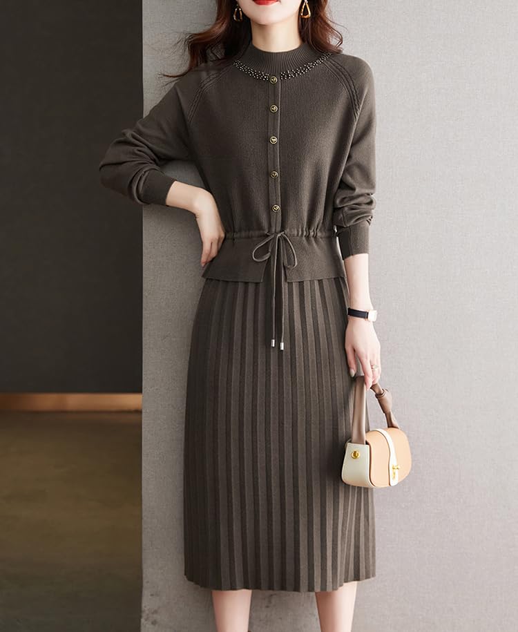 Knit  Drawstring Stretchy Button Midi Dress