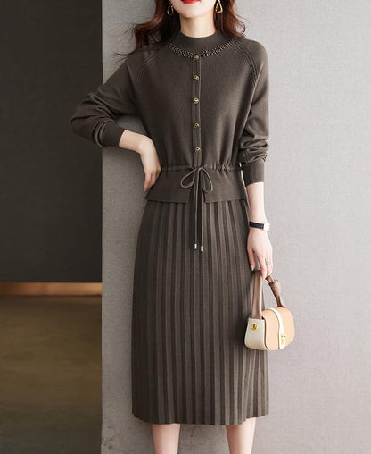 Knit  Drawstring Stretchy Button Midi Dress