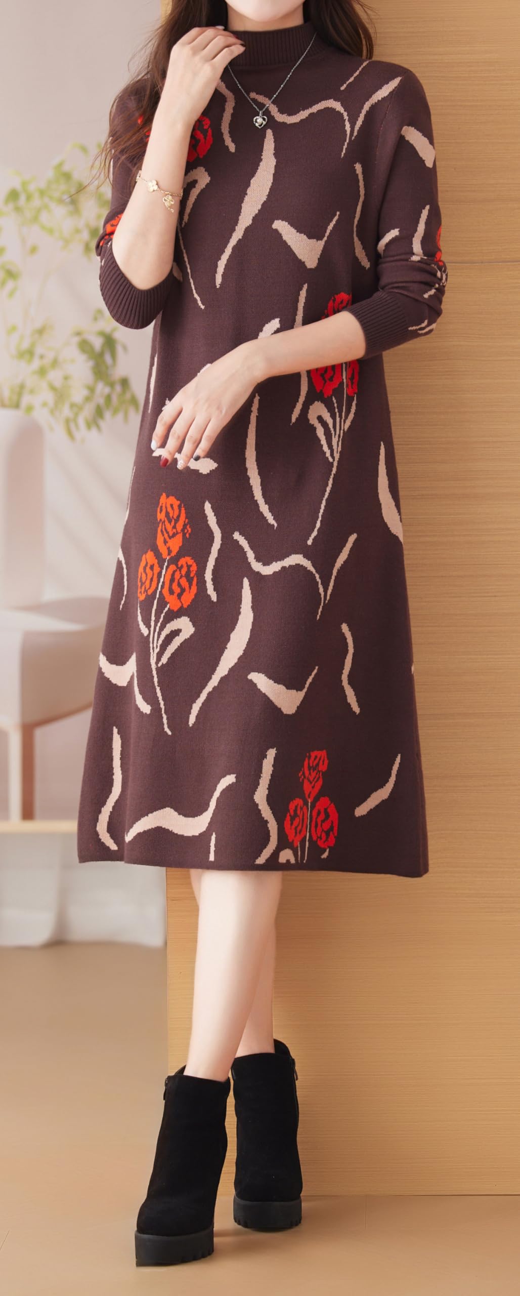 Knit Stretch Pattern Pullover Midi Dress