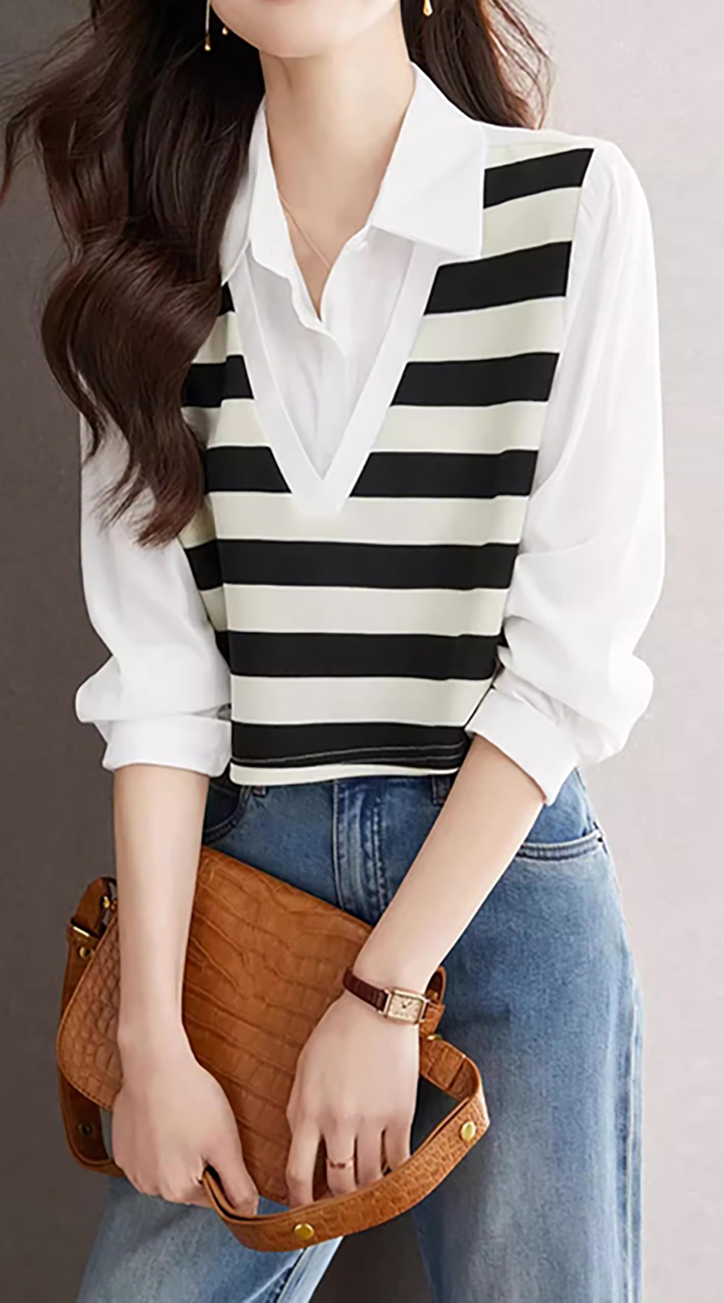 Striped 2 in 1 Knitted Vest Vintage Blouse