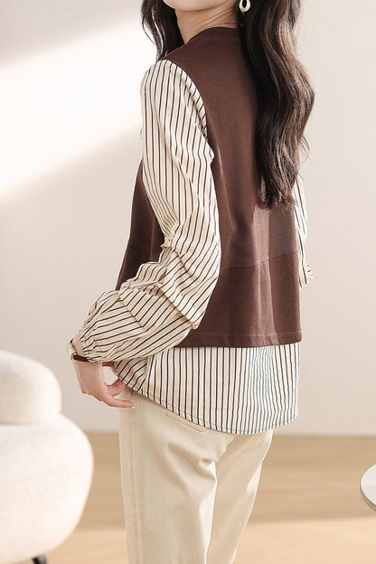 Patchwork Knit Round Neck Pullover Tops