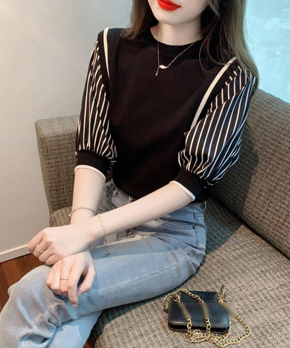 Patchwork Stripe Short Sleeve Knit Tops