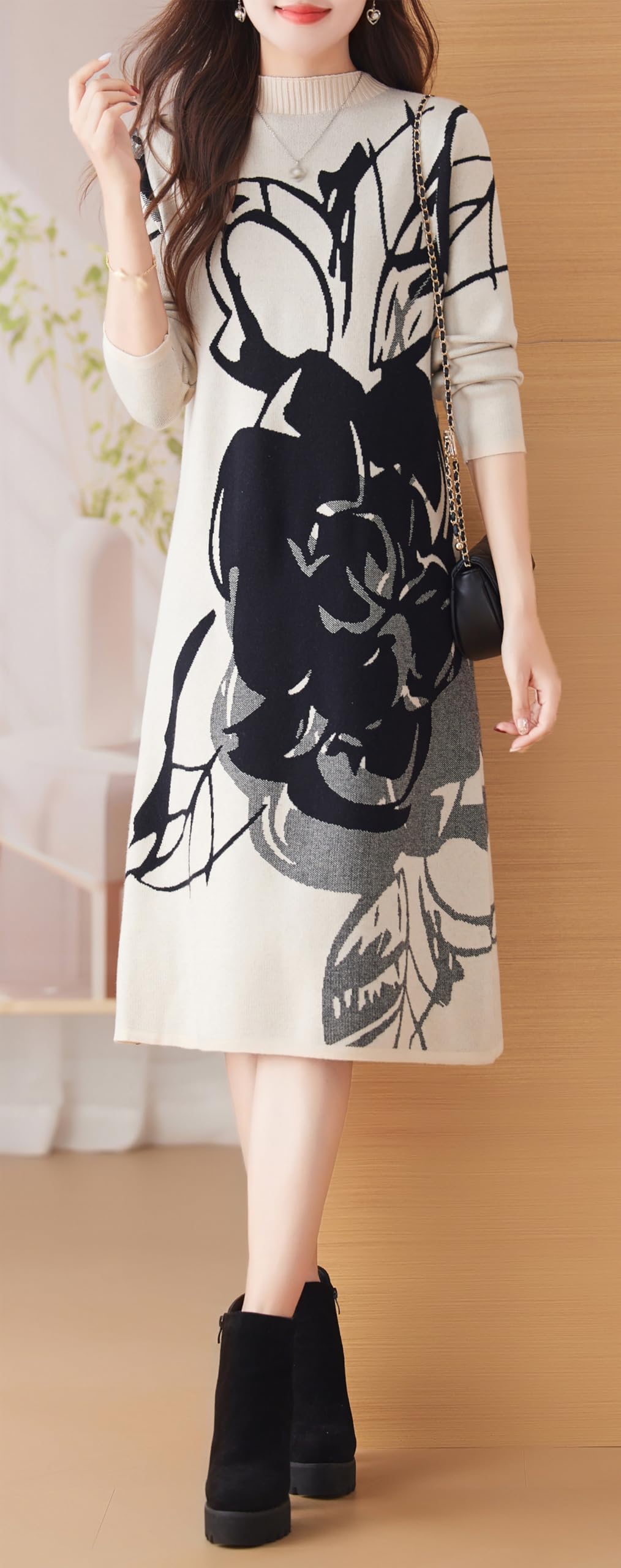 BK-Knit Floral Pullover Elegant Winter Midi Dress