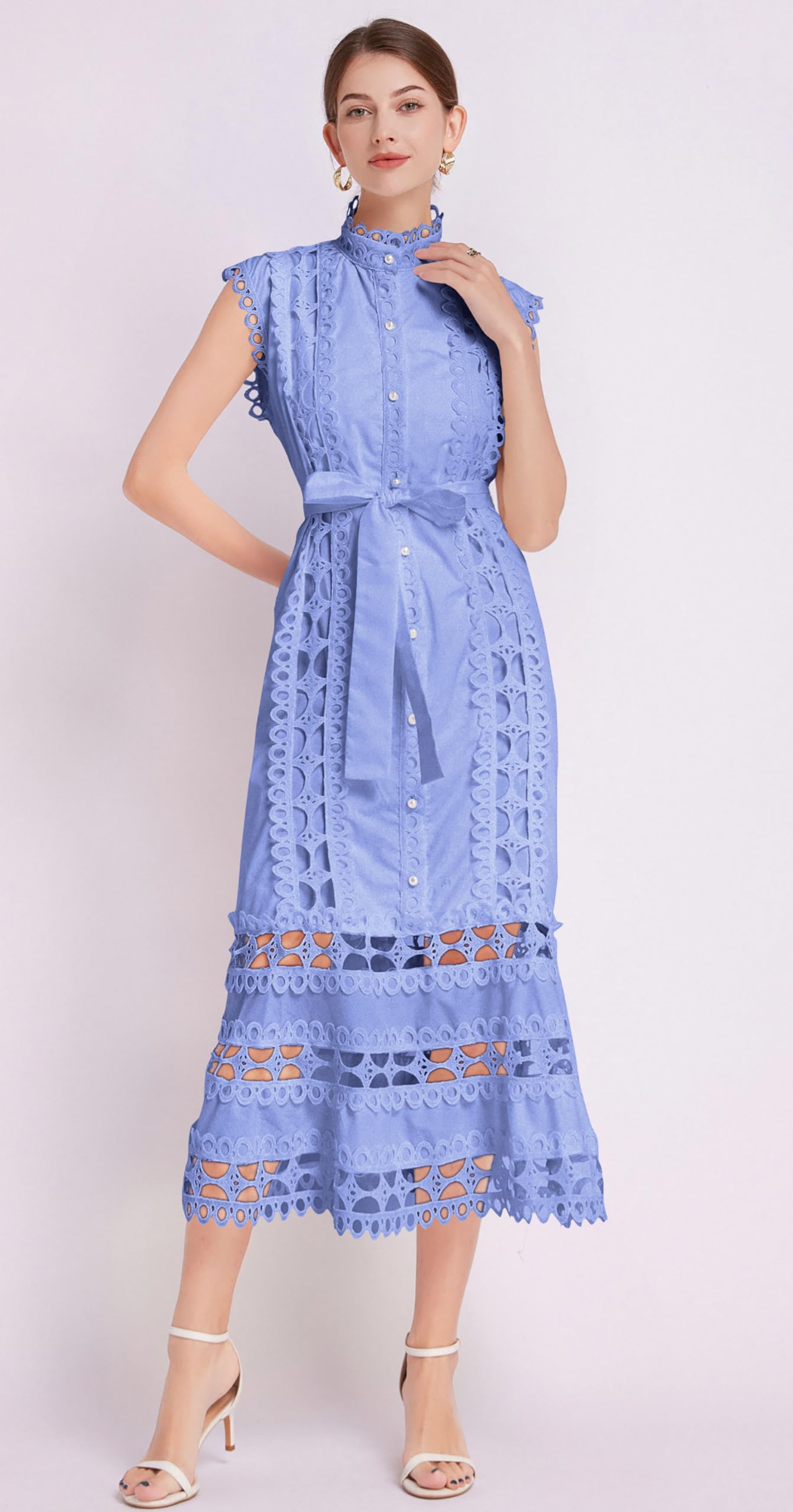 BK-Hollow Lace Button Midi Dress