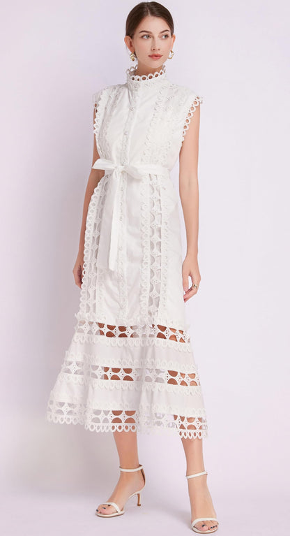 BK-Hollow Lace Button Midi Dress