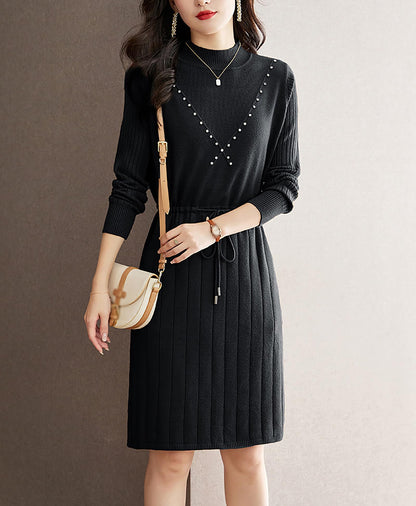 Knit Solid Pullover Mini Dress with Drawstring