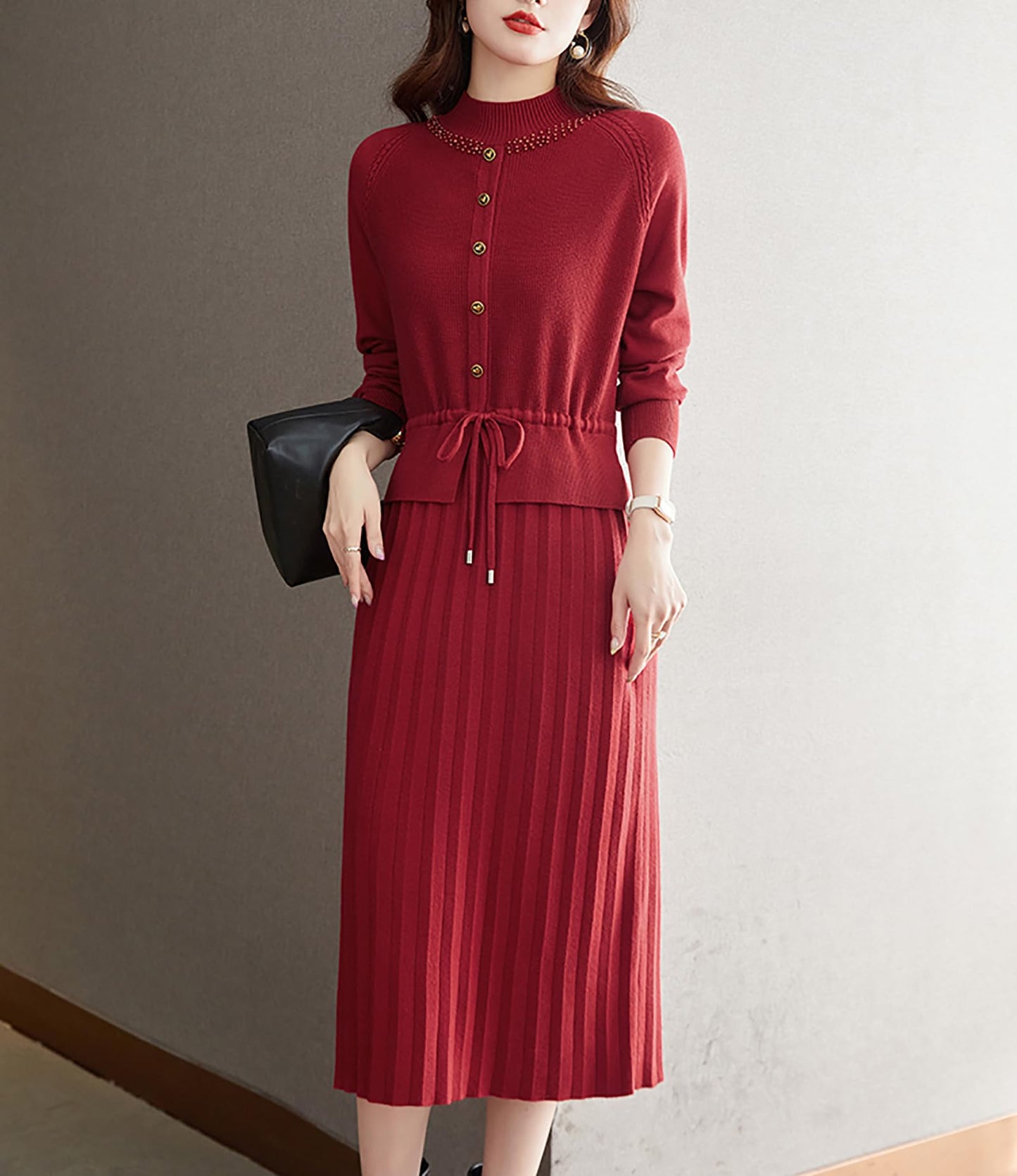 Knit  Drawstring Stretchy Button Midi Dress