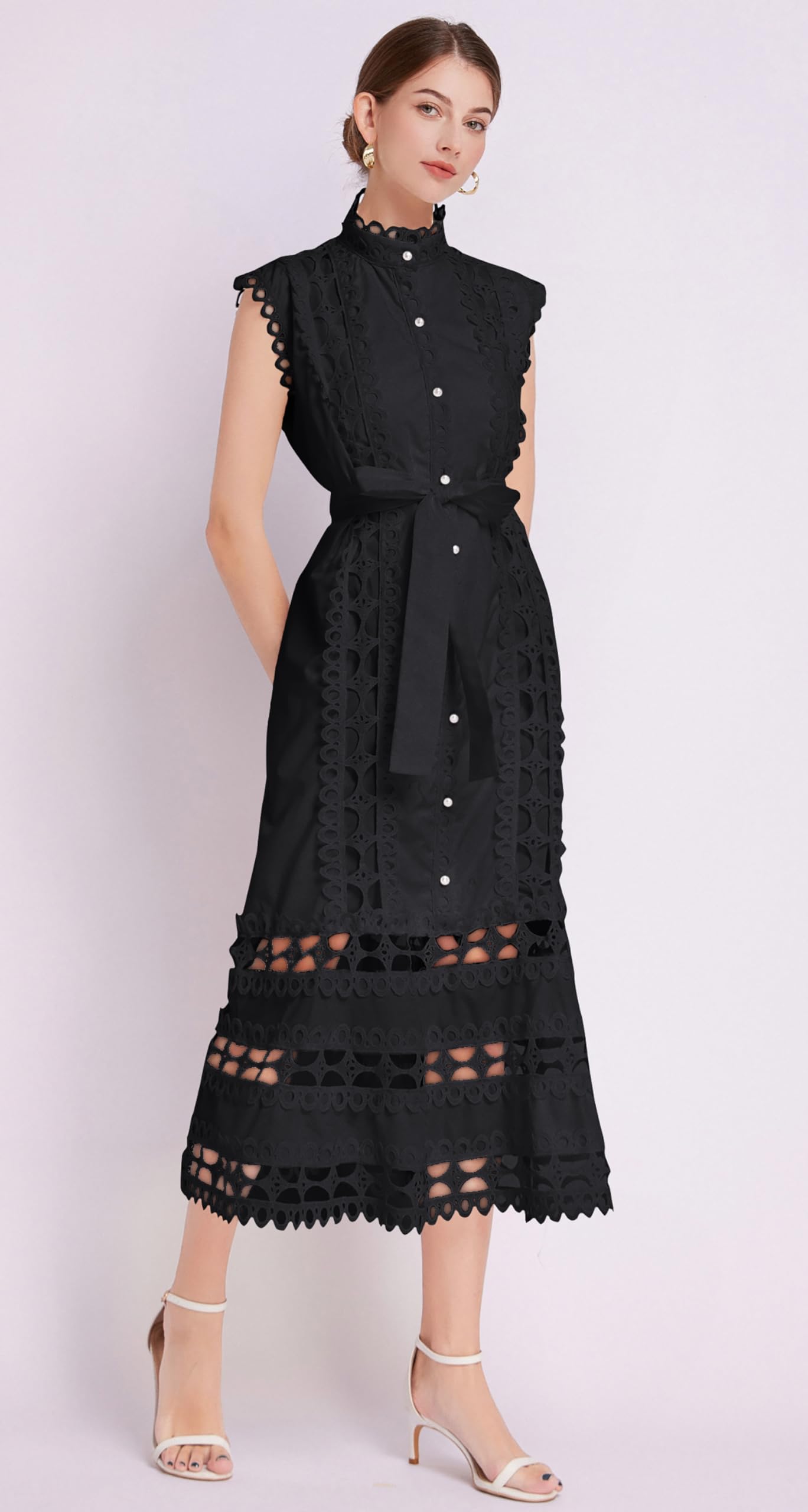 BK-Hollow Lace Button Midi Dress