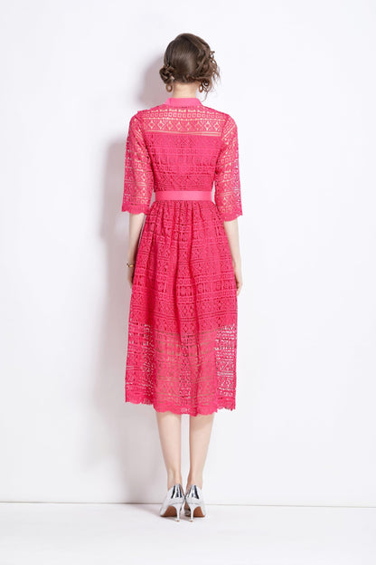 Floral Lace Midi Dress with Belt