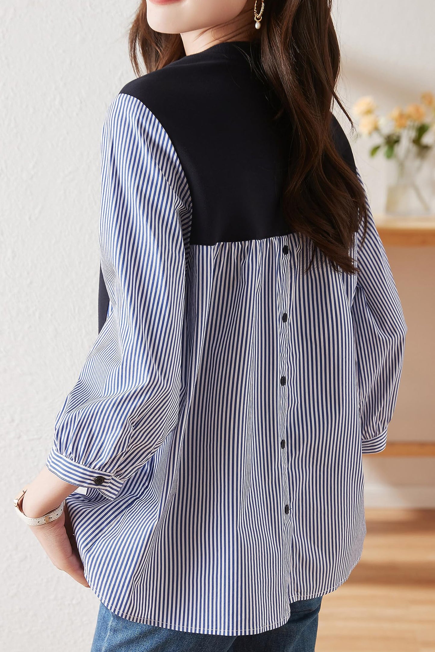 Patchwork Stripe Shirt Pullover Blouse Tops