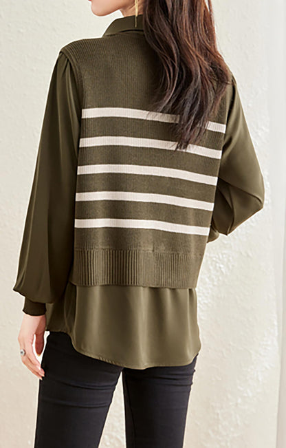 Knit Patchwork Stripe Button Pullover Top