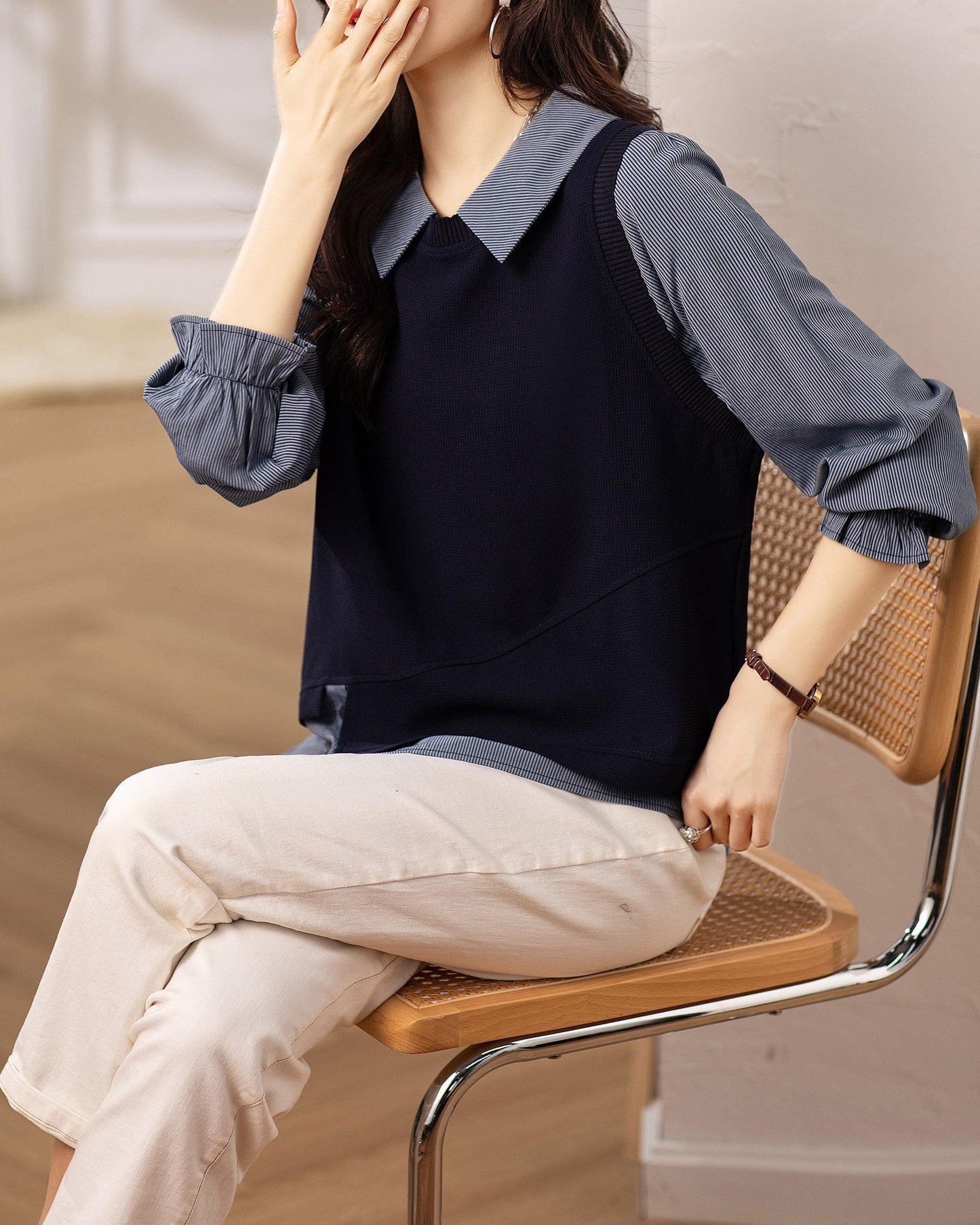 Long Sleeve Shirt Patchwork Blouse Top