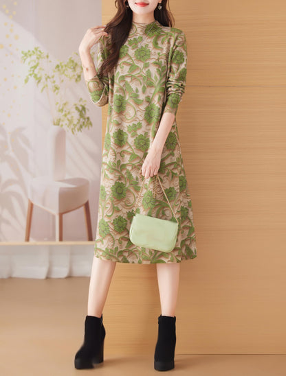 Knit Stretch Pattern Pullover Midi Dress