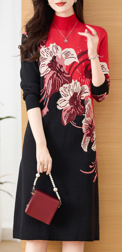 Knit Floral Pullover Elegant Winter Midi Dress