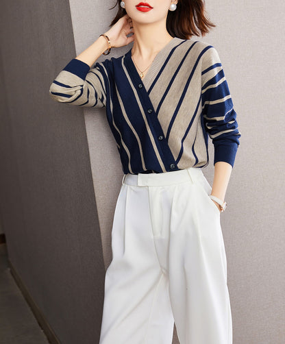 Women's Fall Striped Knit Sweater V Neck Casual T Shirts