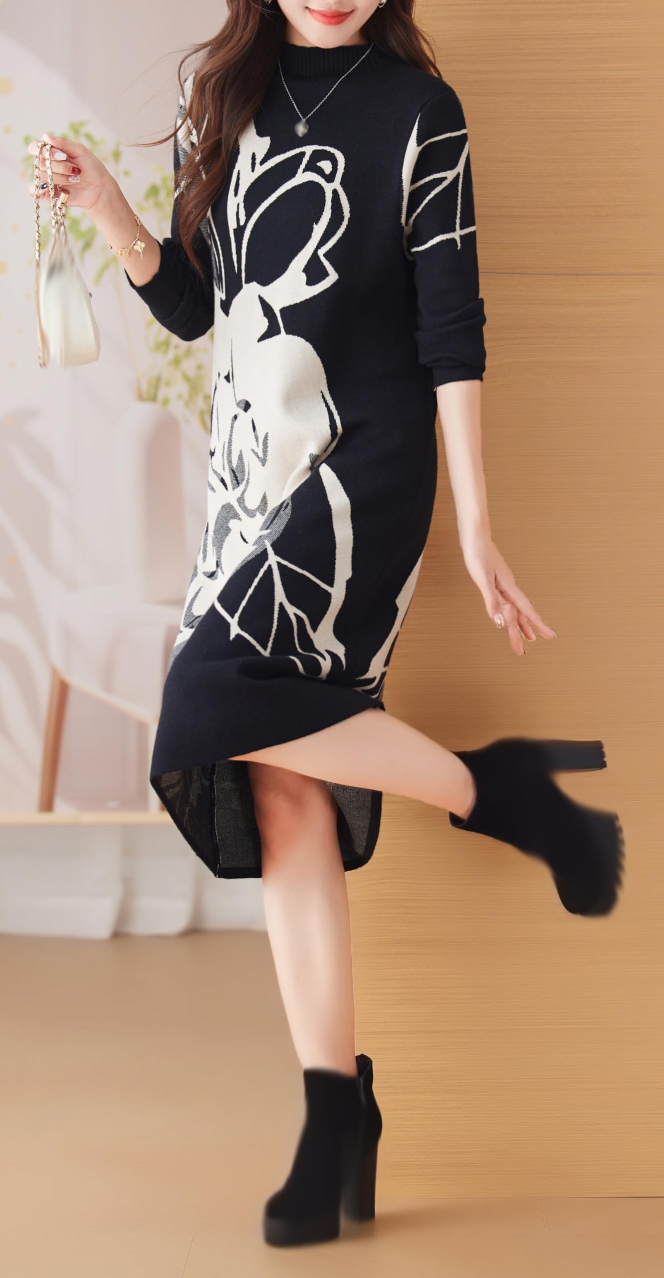 BK-Knit Floral Pullover Elegant Winter Midi Dress